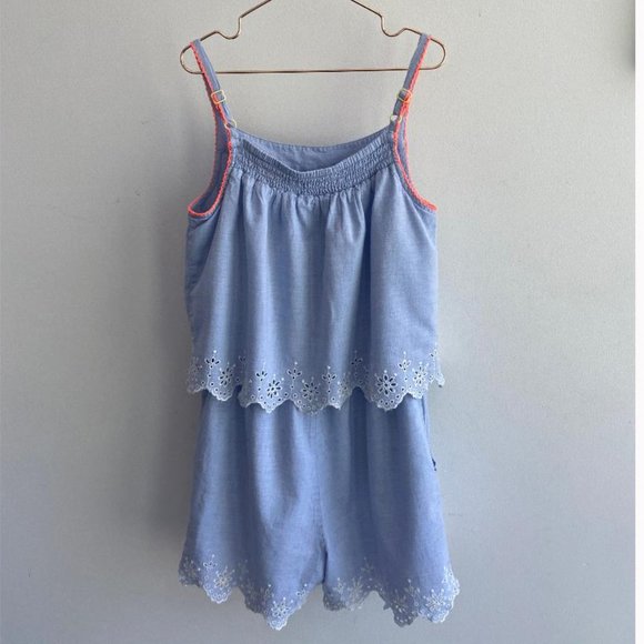 Mini Boden Girl's Fun Layered Chambray/Broderie Romper - Picture 2 of 8